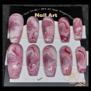 Pink Marble Hard Gel Press On Nail Art Set